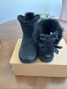 UGG Black Suede Short Shearling Boots with Back Bow
